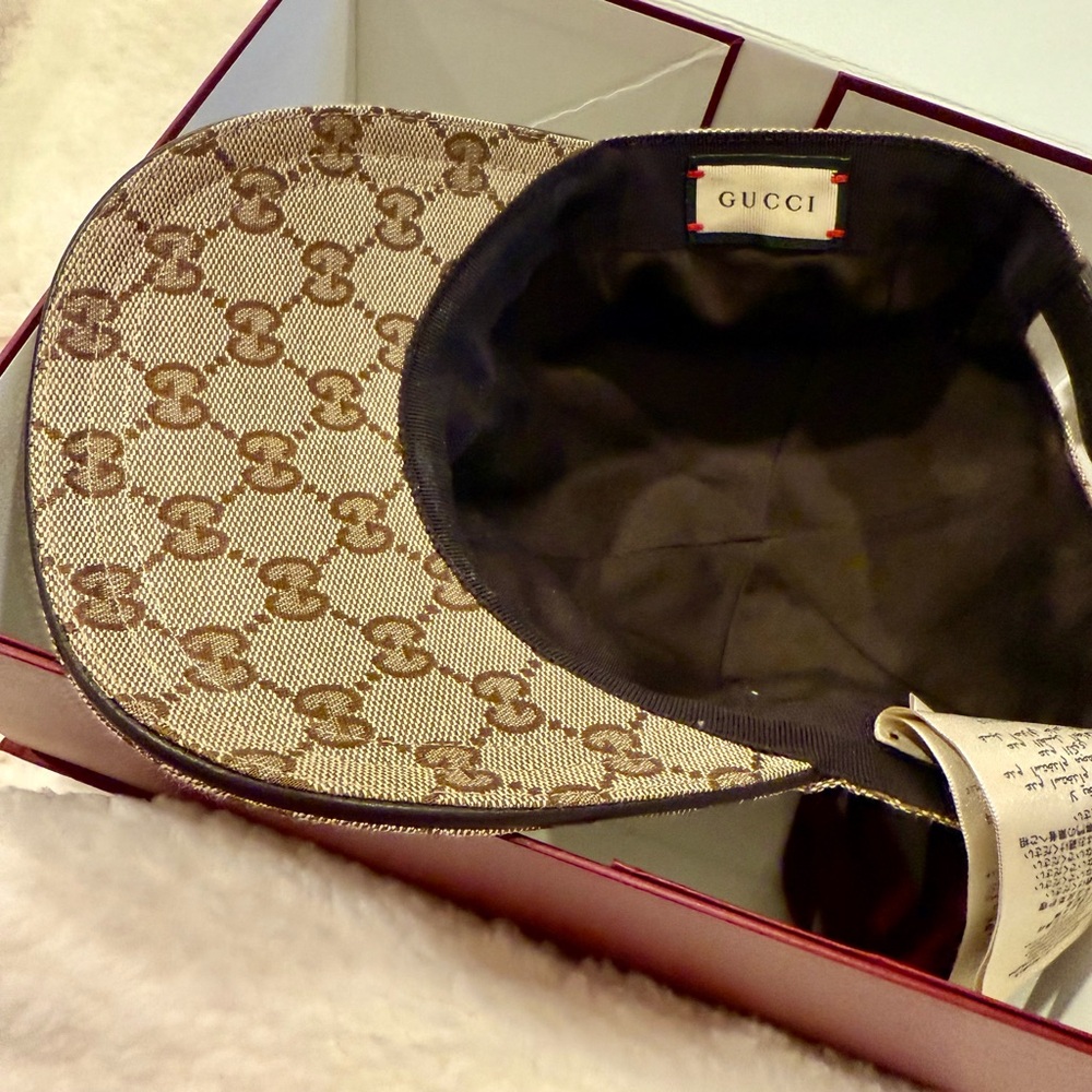 Gucci GG Baseball Beige and Dark Brown Monogram Cap w Web Size S 57 cm LIKE NEW - Picture 4 of 9